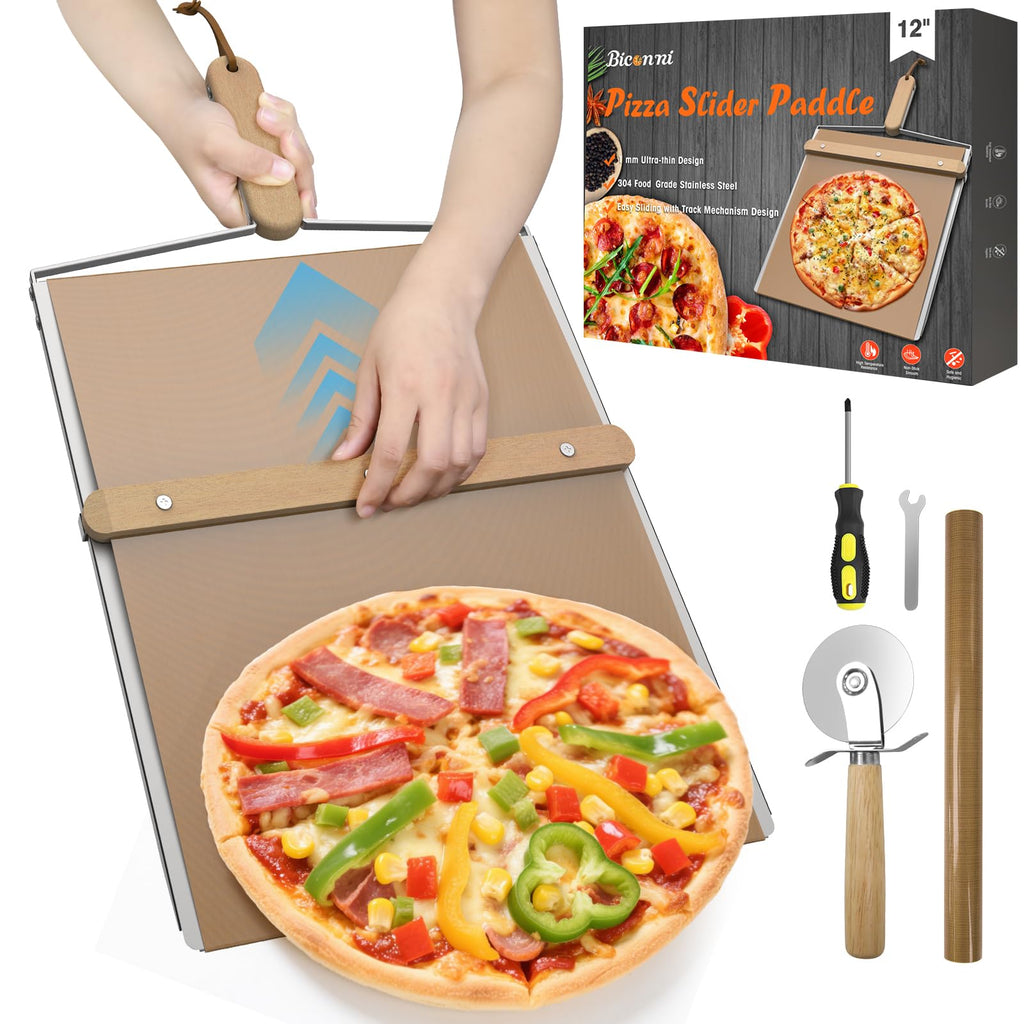 Sliding Pizza Peel, Pizza Slider Paddle with Pizza Cutter Rocker, Non-Stick Pizza Peel Slider with Handle Detachable Transfers pizza shovel, 12" Stainless Steel Sliding Pizza Peels with Baking cloth