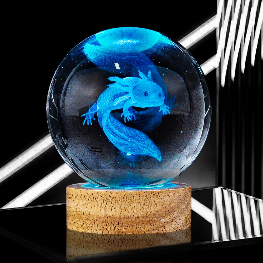 YYLZEPHB 3D Axolotl Crystal Ball Night Light with 16 Color LED Wooden Base, Upgraded 3.15 Inch Axolotl Glass Ball Lamp with Remote Control Cool Desk Decor Gifts for Kids Girls Boys Friends Fans