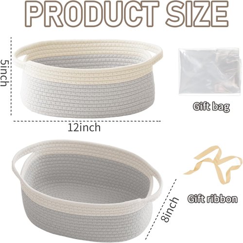 JMvicyroam Woven Storage Baskets - Small Rope Bins with Handles for Organizing Shelves | White & Grey, 2 Pack