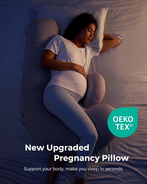 Momcozy Cooling Pregnancy Pillow,Original F Shaped Maternity Pillow for Pregnant Women with Adjustable Wedge Pillow, Full Body Support Pregnancy Pillows for Side Sleeping with Velvet Cover, Light Grey
