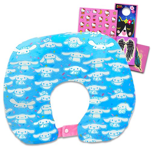 Cinnamoroll Travel Neck Pillow for Kids- Bundle with 13" Cinnamoroll Neck Pillow, Tattoos, Stickers, More | Sanrio Travel Accessories Set for Girls