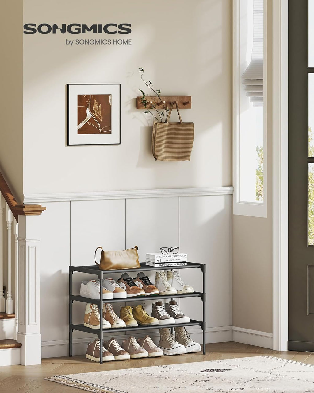SONGMICS 3-Tier Shoe Rack - Space-Saving Organizer with Metal Frame & Non-Woven Fabric Shelves | Ink Black, 11.7 x 24.5 x 21 Inches