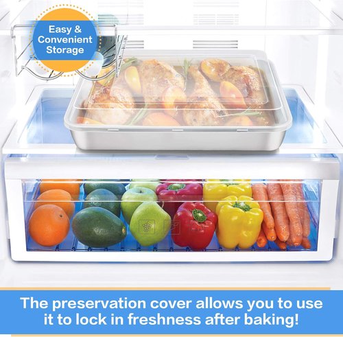 E-far Stainless Steel Baking Pan - 12⅓ x 9¾ x 2 Inch Rectangle Bakeware with Lid | Non-Toxic, Heavy Duty & Dishwasher Safe