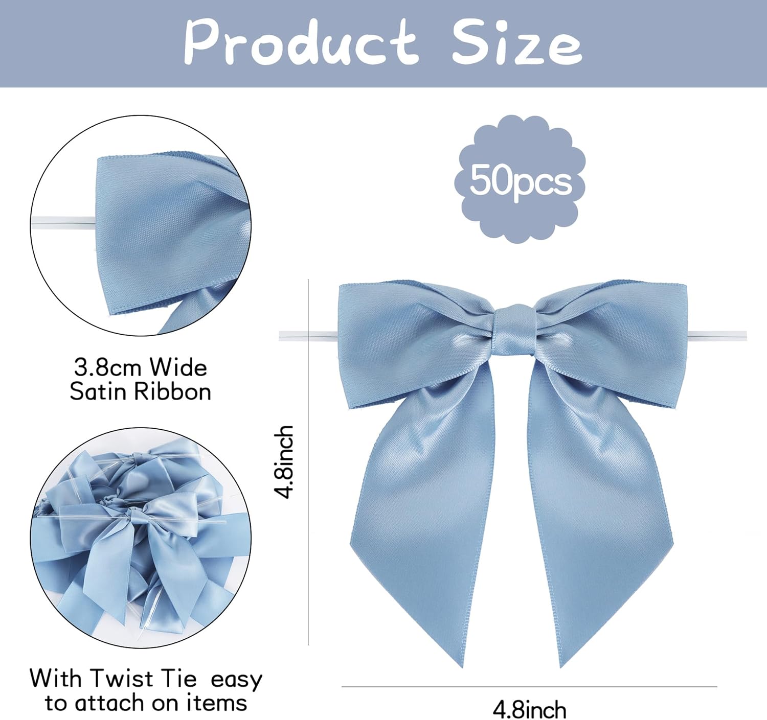TONIFUL Decorative Dusty Blue Satin Ribbon Bows - 50pcs, 4.5 Inch for Gift Wrapping & Crafts
