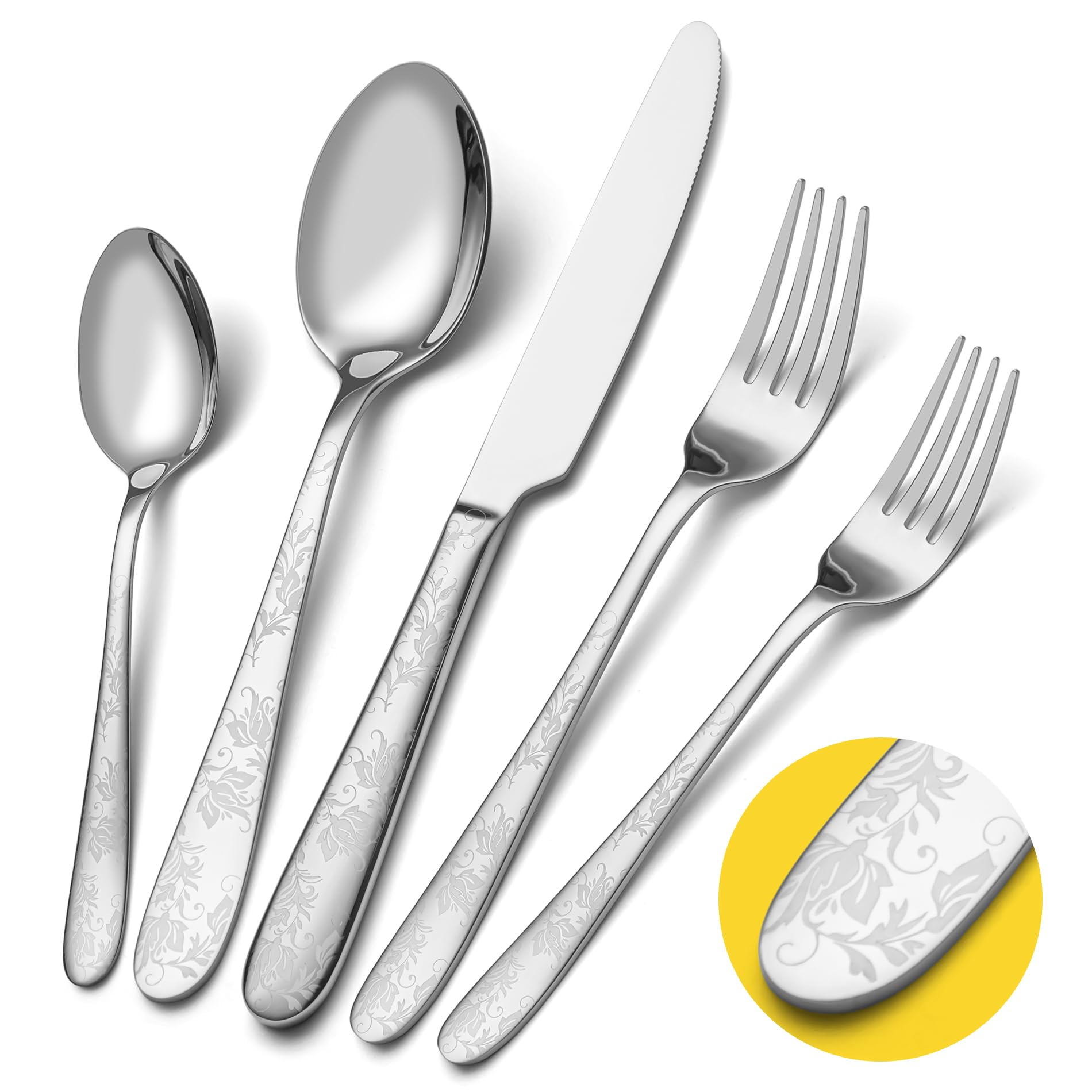 40 Piece Silverware Set, Service for 8, EIUBUIE Premium Stainless Steel Cutlery Set, Mirror Polished Flatware Sets with Pattern Handle, Modern Kitchen Eating Utensils Sets