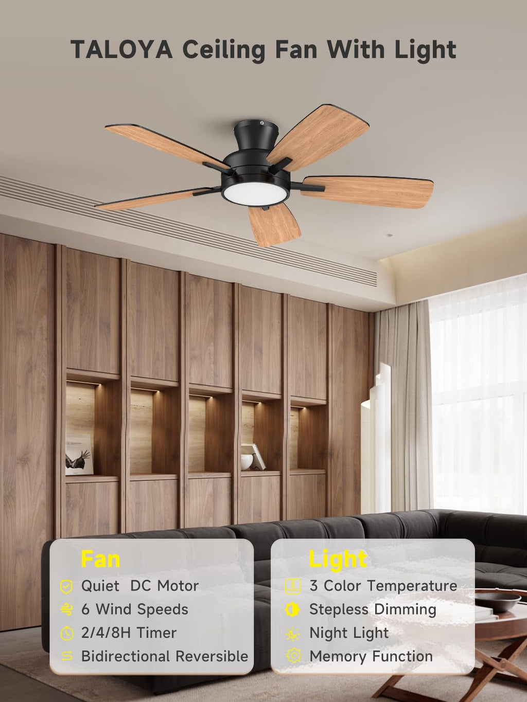 TALOYA Ceiling Fans with Lights and Remote, 46 Inch Low Profile Ceiling Fan with Light, Flush Mount, Reversible, 3CCT, Dimmable Black Modern Ceiling Fan for Bedroom, Living Room, Outdoor Patio