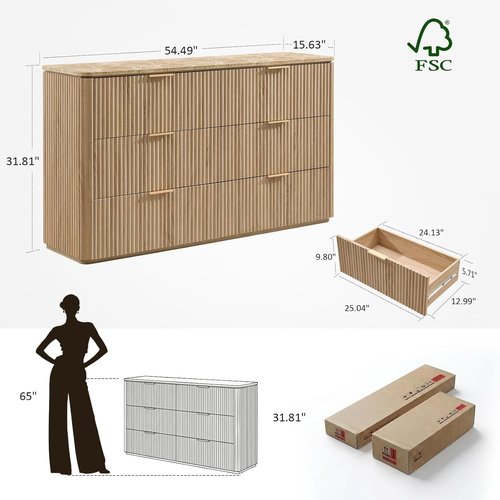 Fluted Dresser with Faux Marble Top - 6 Drawer Chest for Bedroom | Curved Design in Natural Oak