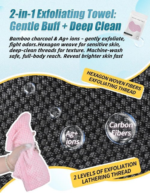 BLISSALRK Exfoliating Shower Towel 48",Premium Scrub Wash Cloth for Body Face, Exfoliating Washcloth for Men and Woman (1, Black+Pink)