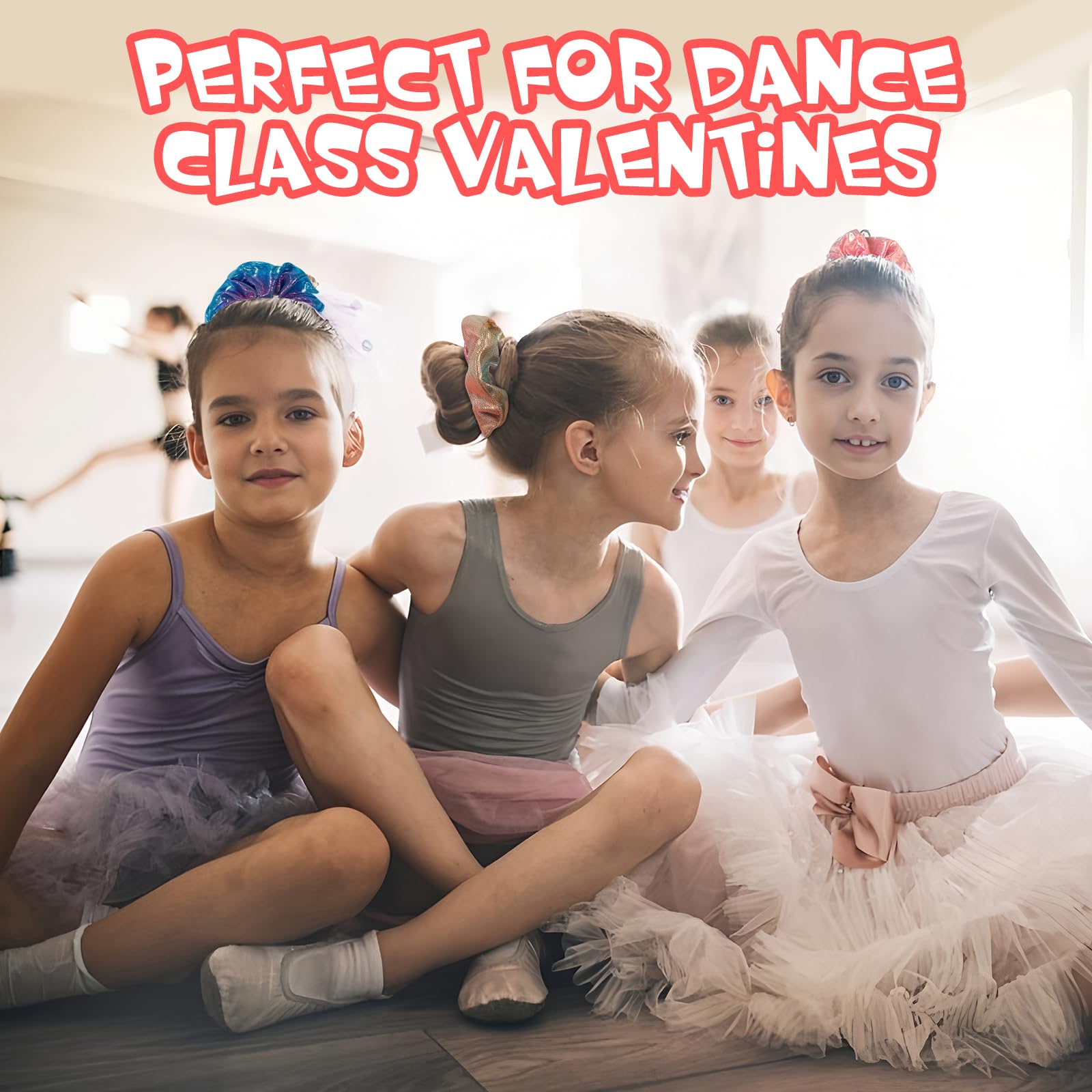 pozemu Valentines Day Gifts for Kids 24 Pack Ballerina Cards with Hair Scrunchies for Valentine Classroom Exchange Unique Valentines Day Cards for Kids School, Party Favors for Girls