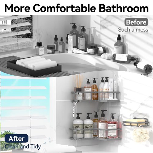 YASONIC Shower Caddy Corner, 3-Pack Adhesive Rustproof Stainless Steel Shower Shelves with Soap Holder, No Drilling Shower Organizer Corner for Dorm, Renters Bathroom, Grey