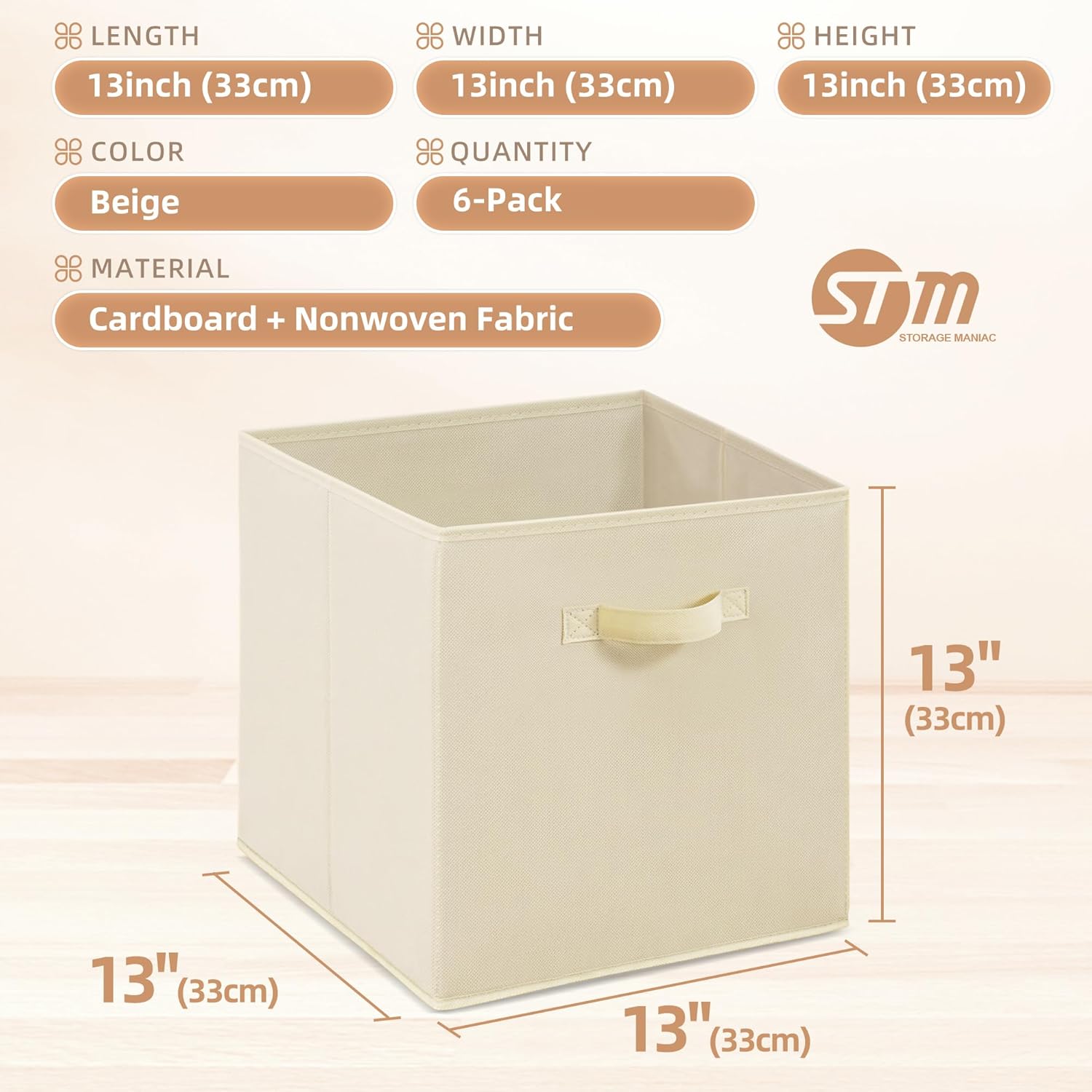 Storage Maniac Collapsible Storage Cubes - 13 Inch Fabric Bins with Handles | 6-Pack Beige for Organized Spaces