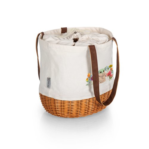 PICNIC TIME Mandalorian Grogu Coronado Canvas and Willow Basket Tote Picnic Bag with Drawstring Closure and Durable Handles, Beach and Market Tote for Everyday Carry, (Beige Canvas)