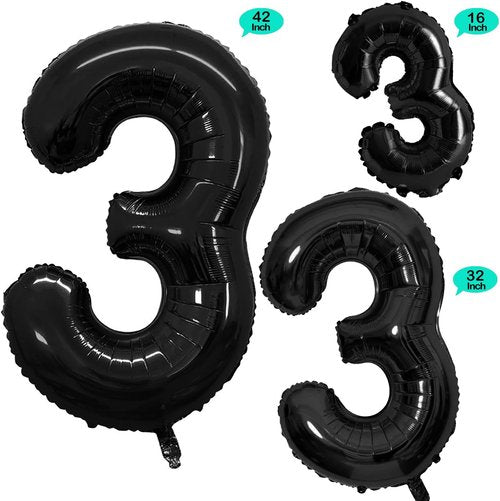 GOER Black Foil Number 3 Balloons - Giant 3rd Birthday Party Decorations | 42", 32", 16" Sizes (3 pcs)