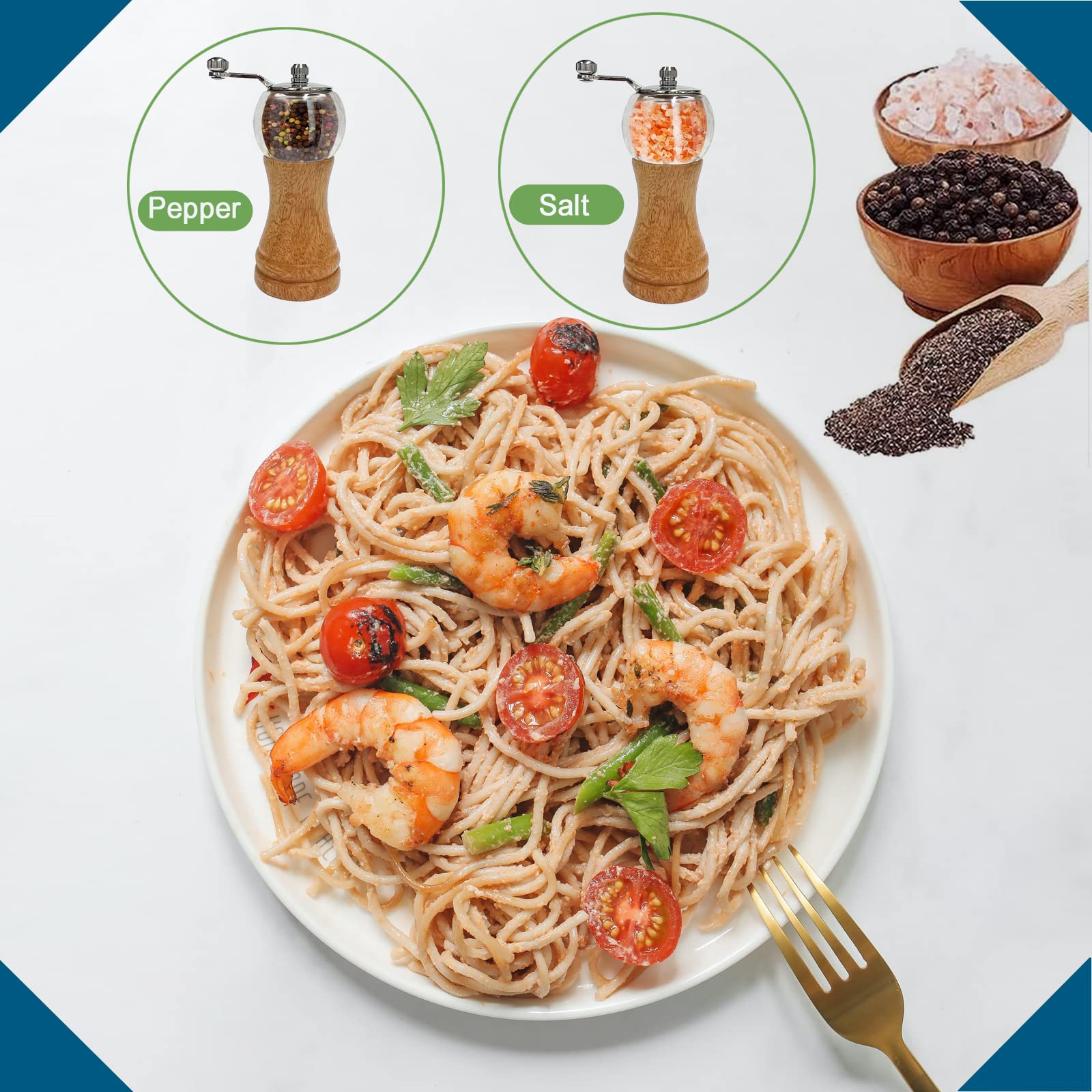 VEIZIBEE Salt and Pepper Grinder Set Wooden Pepper Salt Grinder Set Manual Pepper Mill Set Classical Hand Shake Ceramic Blades Metal Handle Wooden Pepper Shaker with Adjustable Coarseness