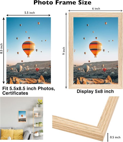 JCJMY Picture Frame 5.5x8.5 - Wall Mount or Tabletop Display | Shatter-Resistant Plexiglass, Natural Finish