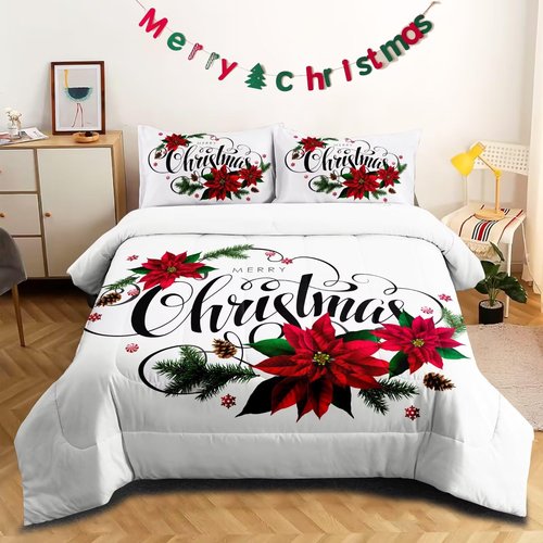 GRAT TIOC Christmas Comforter Queen,Xmas Bedding Set Set,Red Poinsettia Flowers Comforter Merry Christmas Bed Bedroom Set Home Decor for Kids Girls Women White