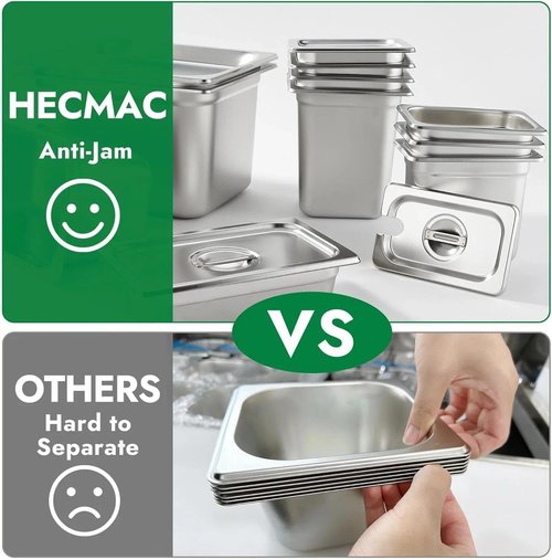 HECMAC 6 Pack Anti-Jam Hotel Pans, Full Size 4 Inch Deep, Heavy Duty, Commercial Stainless Steel Chafing Steam Table Pan, Catering Storage Metal Food Pan, 23 Gauge