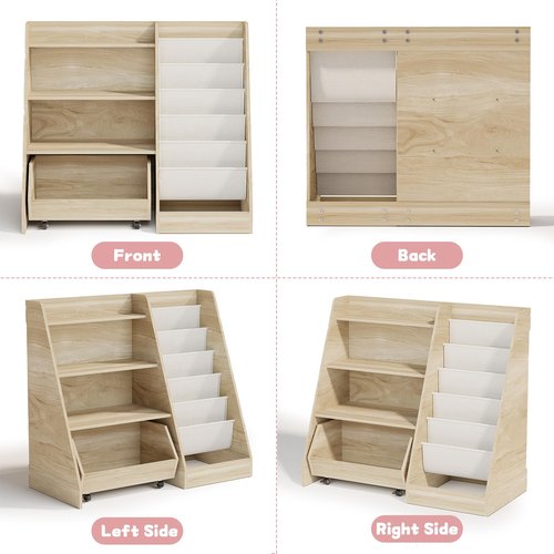 COZPAW Kids Bookshelf and Toy Storage, 4 Tier Toddler Bookshelf with Movable Drawer 5 Sling Pockets, Montessori Book Shelf for Kids Room, Playroom, Nursery (Oak)