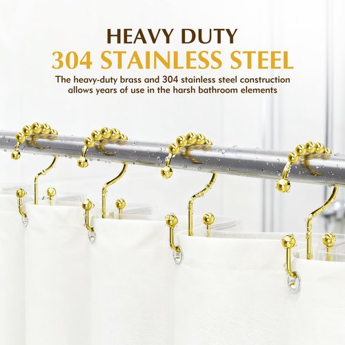 Upgraded 304 Stainless Steel Shower Curtain Hooks, 12-Pack Rust-Proof Heavy Duty Gold Shower Curtain Rings, Double Hook Glide Shower Hooks Rings, Bathroom Hardware Set