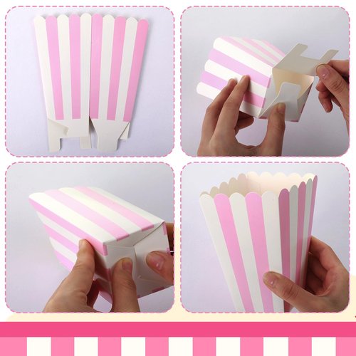 Ouligay 20 Pcs Pink Popcorn Boxes Mini Popcorn Bags for Party Small Puffed Rice Bowl Buckets Pink and White Striped Bags Paper Puffed Rice Container for Birthday Party Favor Movie Night Supplies