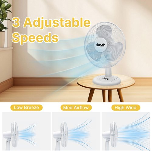 Shop-Air 16" Oscillating Table Fan, 3 Speeds, High-Velocity, Quiet & Powerful Air Circulation, 70° Adjustable Head Tilt,Ideal for Home, Bedroom or Office, White