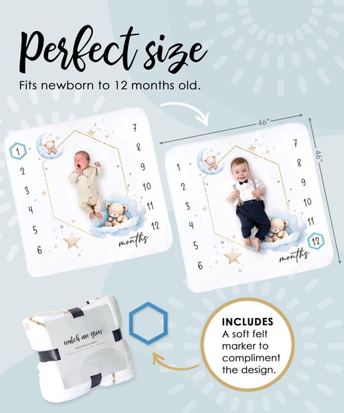 Baby Monthly Milestone Blanket for Boys- Soft Thick Fleece 46"x46" - Perfect Photo Growth Chart for First 12 Months - Extra Cozy for Pictures, Creating Monthly Memories - Sleepy Bear Design