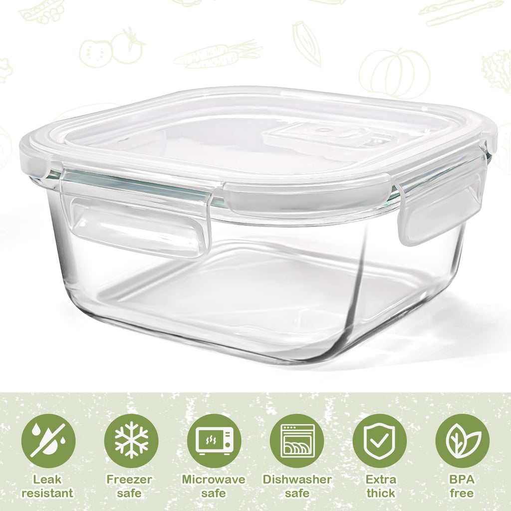 Susukkie Square Glass Containers with Lids 24oz - Borosilicate Glass Food Storage Set 3 Cup, Freezer Safe Meal Prep Containers, Sandwich Lunch Box, Yogurt Cereal Bowls with Vented Lids BPA Free 4 Pack