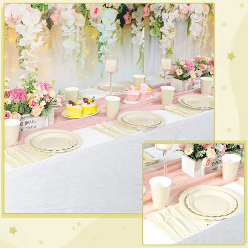Xiangqu 350 Pcs Ivory Dinnerware Sets, 9" Party Plates, 7" Cream Dessert Plate, 9oz Cups & Cutlery, 50 Guest Beige Scalloped Disposable Plates Set for Baby Bridal Shower, Wedding, Birthday