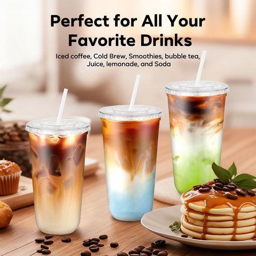 100PCS 20 oz Disposable Plastic Cups with Flat Lids and Clear Straws, Round Bottom To Go Iced Coffee Cups, BPA Free Holiday Cups for Smoothies, Cold Drinks, Coffee Shop, Juice Bars, Christmas Party