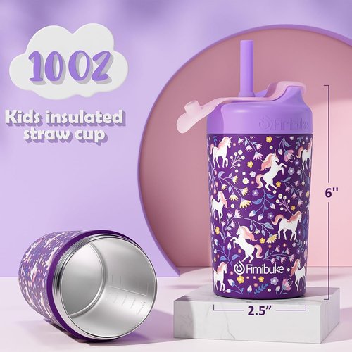 Fimibuke Kids' 10 OZ Spill-Proof Straw Cups - Leak-Proof Insulated Tumblers with Silicone Straw | 2 Pack