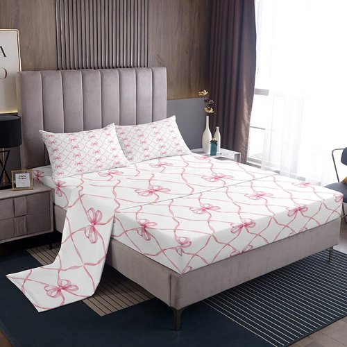 Erosebridal Pink Bowknot Bed Sheets Set Full Bow Knot Sheet Set for Kids Girls Butterfly Knot Bow Tie Sheets Aesthetic Coquette Bedroom Decor Geometric Cartoon Flat Fitted Sheet