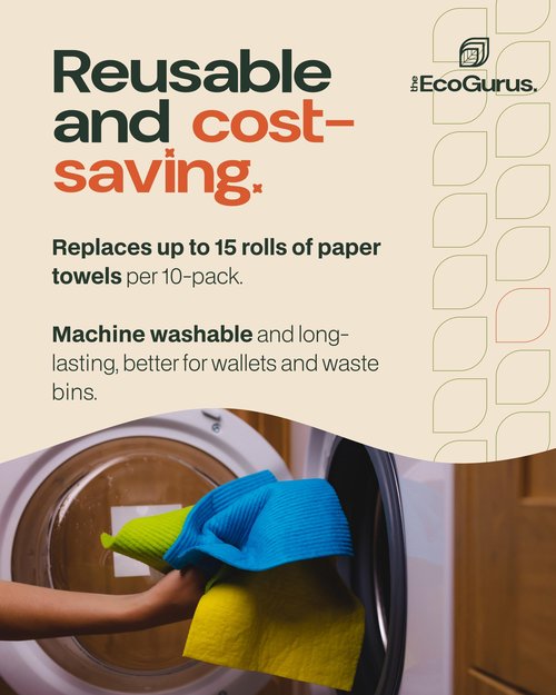 The EcoGurus Original Swedish Dishcloth – Made in Sweden, 10 Cloths, Reusable & Biodegradable Cellulose Sponge for Kitchen, Suitable for All Surfaces, Odour Resistant Eco Cleaning – Multi-Coloured