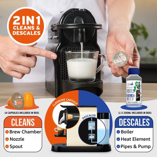 Nespresso Descaling Kit & Cleaning Pods - 2 Use Descaling Solution & 4 Cleaner Pods for Better Tasting Coffee