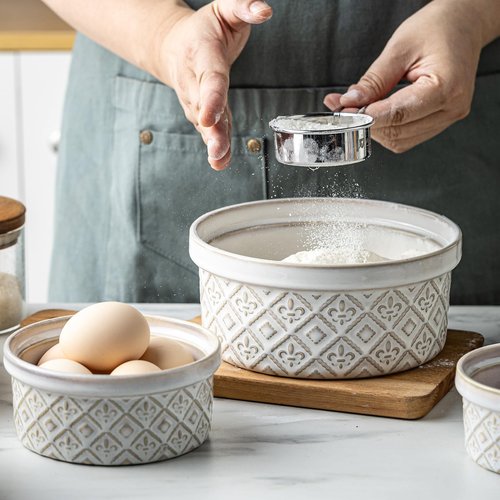 MISSYSSIM Airtight Food Storage Containers with Lids Mixing Bowls Set, Ceramic Serving Bowls with Lids Set of 4, 12/16/28/40 oz Stackable Nesting Salad Bowls for Cooking, Baking, Ramen - Beige