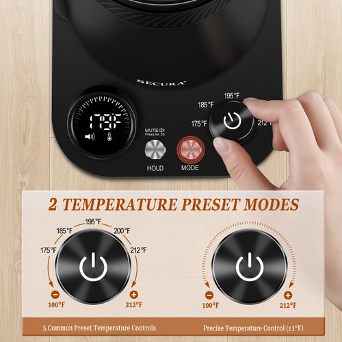 Secura Electric Gooseneck Kettle with 5 Temperature Control Presets, 100% Stainless Steel Inner Tea/Coffee Kettle with 1.5H Keep Warm, 1200 Watt Quick Heating for Coffee Tea Brewing, 0.8L, Matt Black
