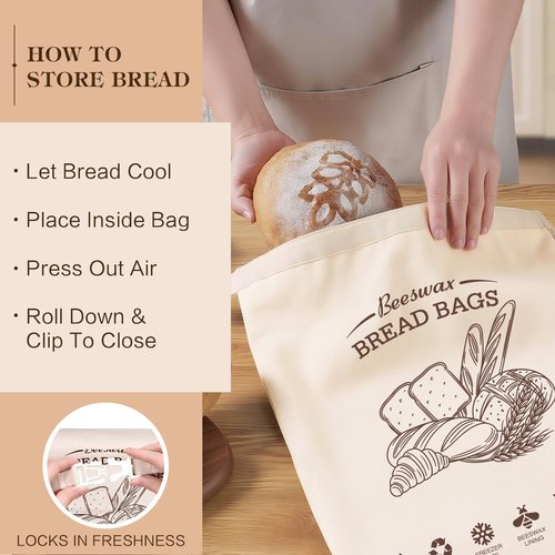 Aofmee Beeswax Bread Bags for Homemade Bread & Sourdough, 2 Pack Reusable Sourdough Bags, XL Natural Cotton Beeswax Bag, Fresh Keeping Extra Large Food Storage Cloth Bag for Gift Giving