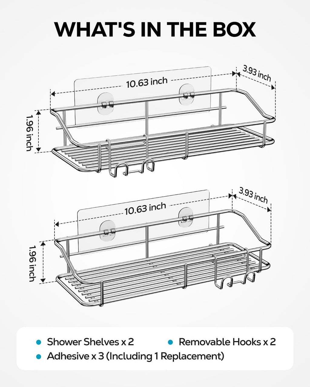 Nieifi Shower Caddy Shelf - Adhesive Stainless Steel Storage Rack with Hooks | 2 Pack for Bathroom & Kitchen
