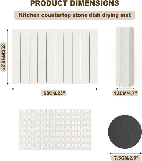 Stone Drying Mat for Kitchen Counter, Large Foldable Stone Dish Drying Mat,Ultra Absorbent Diatomaceous Earth Mats for Countertop Dishes Bottles Cups (23"×15.3",White）