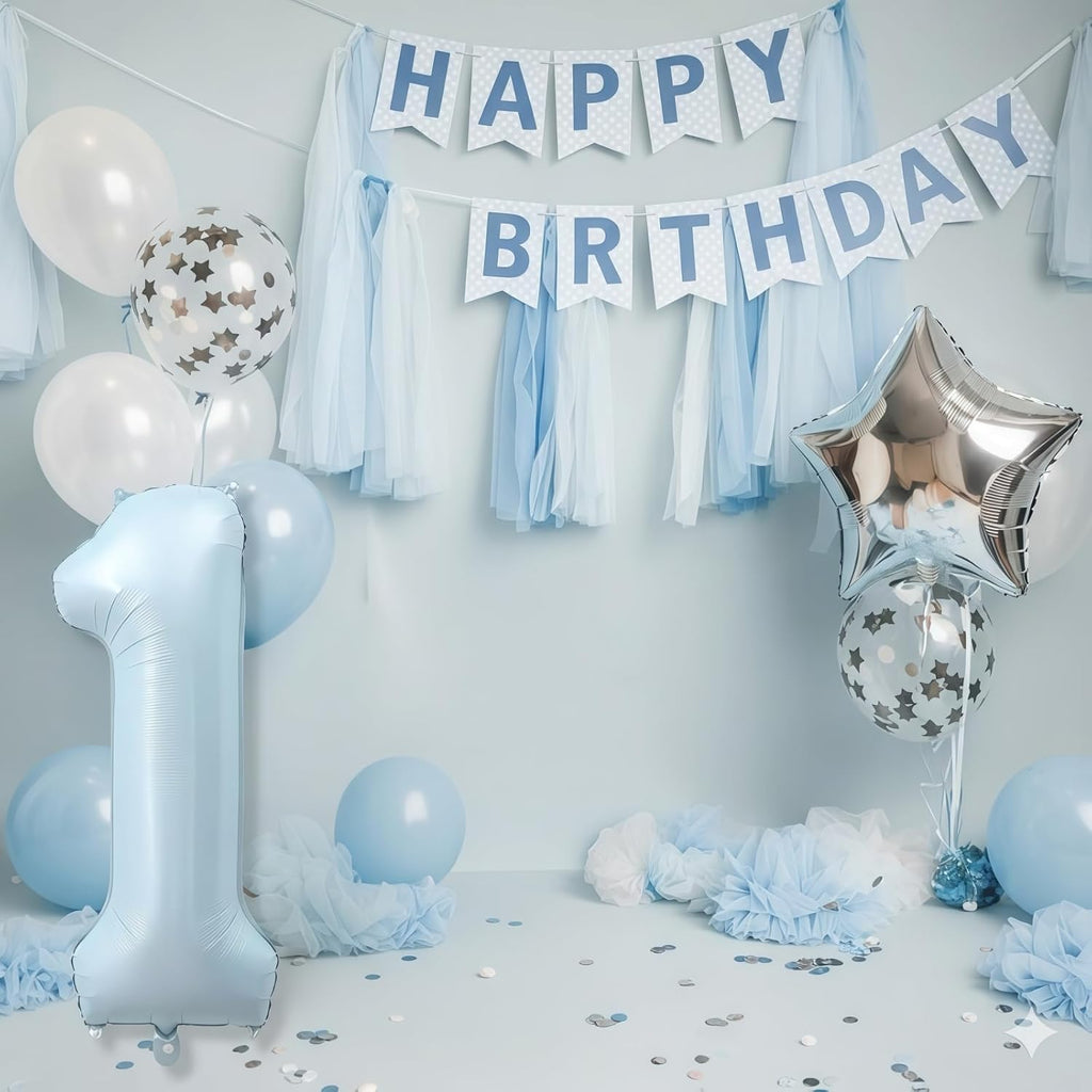 Skiennix Big Number 1 Balloon - Light Matte Sky Blue Foil 40 Inch Mylar Decor for 1st Birthday & Baby Shower