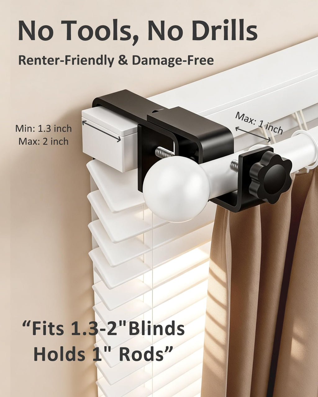 Over Blinds Curtain Rod Brackets for Outside Mounted, No-Drill Blinds Curtain Rod Holders for 1.3-2" Rectangular Headrails, Tool-Free & No Wall Damage, Apartment & Renter Friendly (Set of 3, Black)