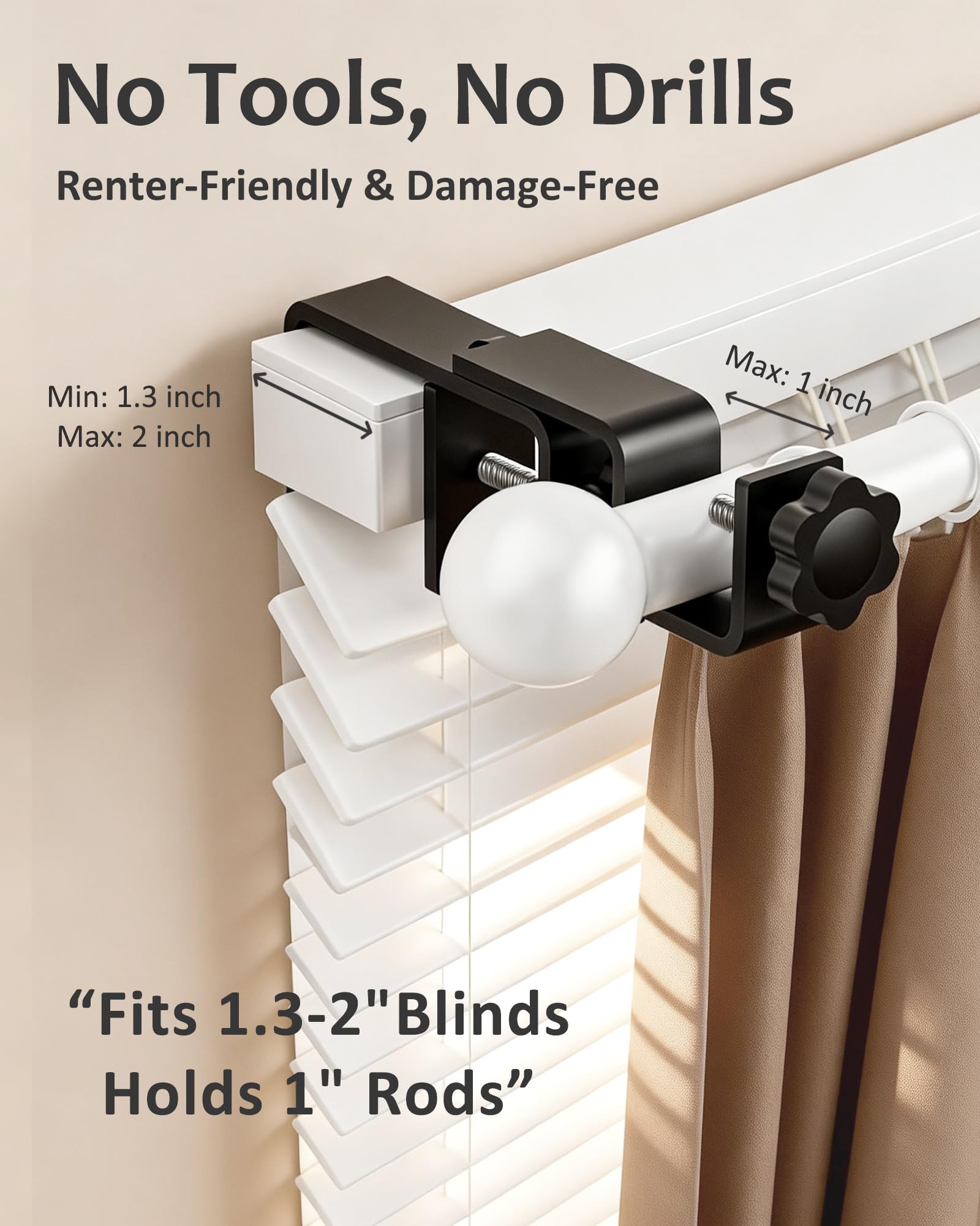 Over Blinds Curtain Rod Brackets for Outside Mounted, No-Drill Blinds Curtain Rod Holders for 1.3-2" Rectangular Headrails, Tool-Free & No Wall Damage, Apartment & Renter Friendly (Set of 3, Black)