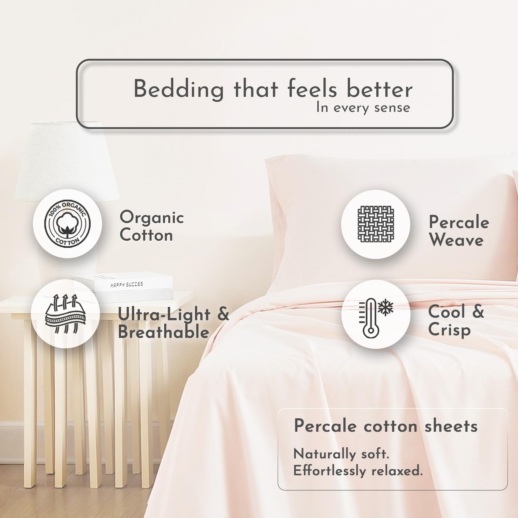 Linen Closet 100% Organic Cotton Twin Sheets Set, 3 Pieces, Light Pink - Percale Bed Sheets & Pillowcases Set - Up To 14" Deep Pocket Fitted Sheet - Cooling, Crisp & Breathable - For Hot Sleepers