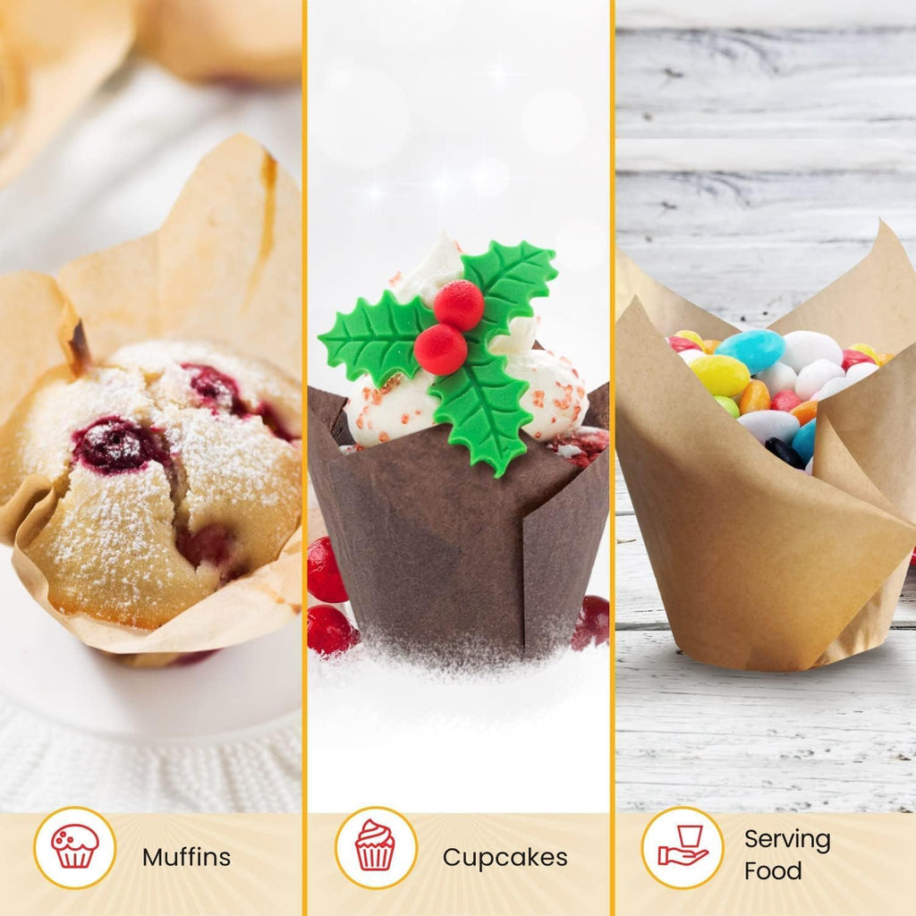 Baker’s Signature Tulip Cupcake Liners - 200 Pcs Greaseproof Muffin Baking Cups | Sturdy Beige & Brown