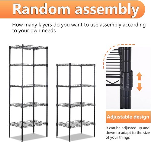 BestOffice 5-Tier Wire Storage Shelves - Heavy-Duty Metal Shelf | Adjustable Racks | 17x12x48 | Black | Holds Up to 750 lbs | No-Tool Assembly for Home & Garage