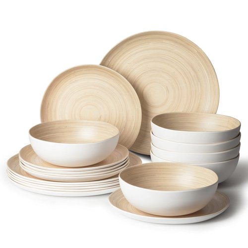 Joviton Home 18PCS Bamboo Swirl Melamine Plastic Dinnerware Sets for 6, Plates and Bowls Sets (Light Bamboo)