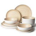 Joviton Home 18PCS Bamboo Swirl Melamine Plastic Dinnerware Sets for 6, Plates and Bowls Sets (Light Bamboo)