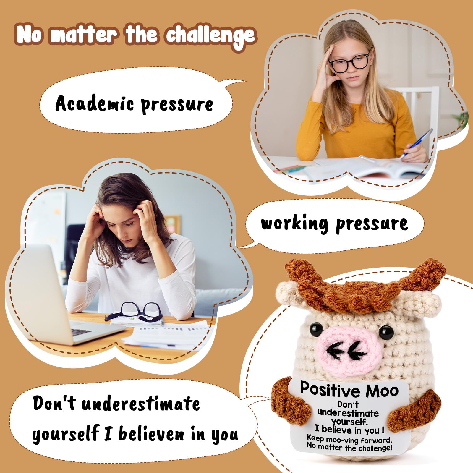 YUEYUQIU Positive Moo Easter Basket Essentials Stuffers for Teens Boy Girl Daughter Son, Easter Gifts for Kids Teenage - Handmade Crochet Cow Emotional Cheer Up Support Birthday Gift for Women Men