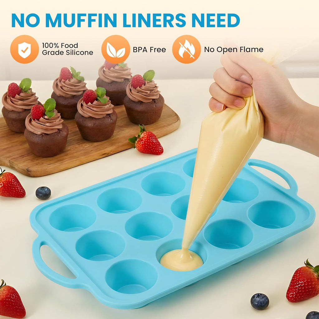 Skiennix Silicone Muffin Pan - 12-Cup Baking Tray with Metal Reinforced Frame, BPA Free - Blue