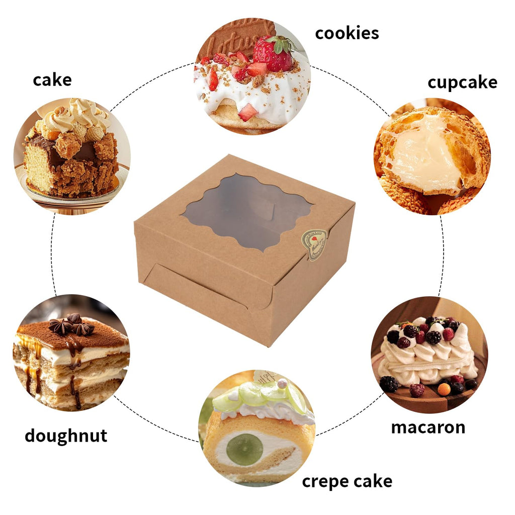 PFAMKEER 100 pcs 6x6x3 Inches Small Cake Box with Window, Bakery Pastry Cookie Boxes, Mini Pie container for Pastry,Dessert,Strawberries,Chocolates, Cupcakes with paper stickers (Brown)