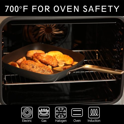 MsMk Square Grill Pan with lid, Stay-Cool Handle, Each Ridge Nonstick, Oven Safe Dishwasher Safe Induction Grill pans for Stove Tops, Square Frying Pan, Bacon Pan, Indoor Chicken Skillet, 11-Inch